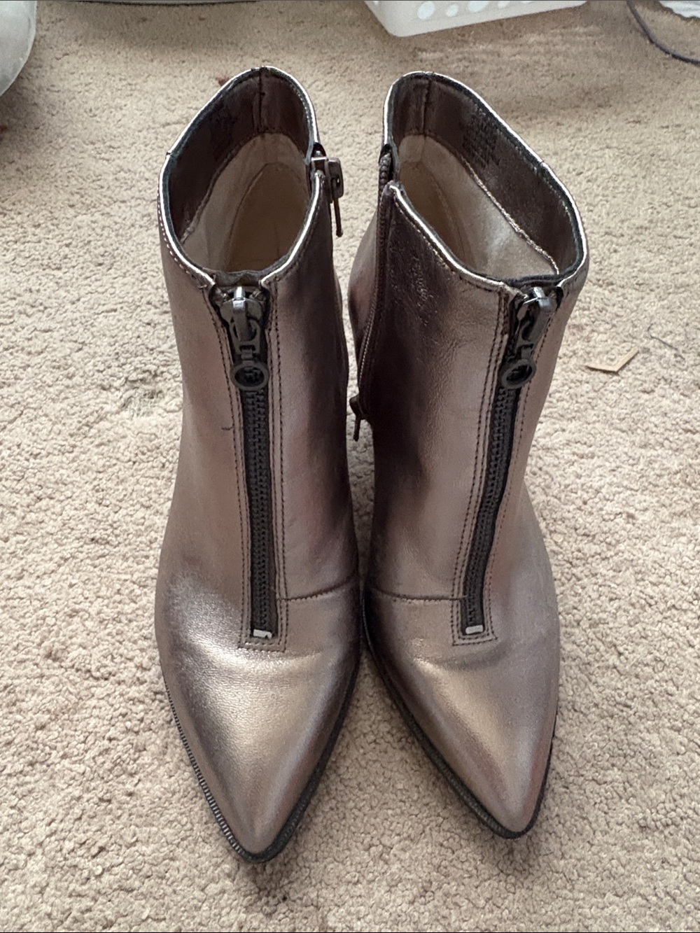 Sole Society Metallic Taupe Front-Zip Pointed Ankle Booties